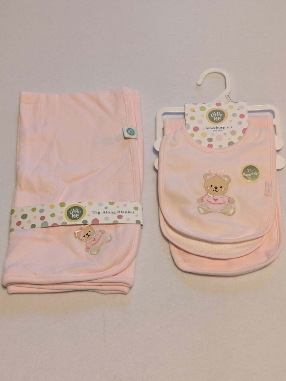 Little Me Baby Girl Pink Tag-Along Blanket and 2-Piece Bib & Burp Set